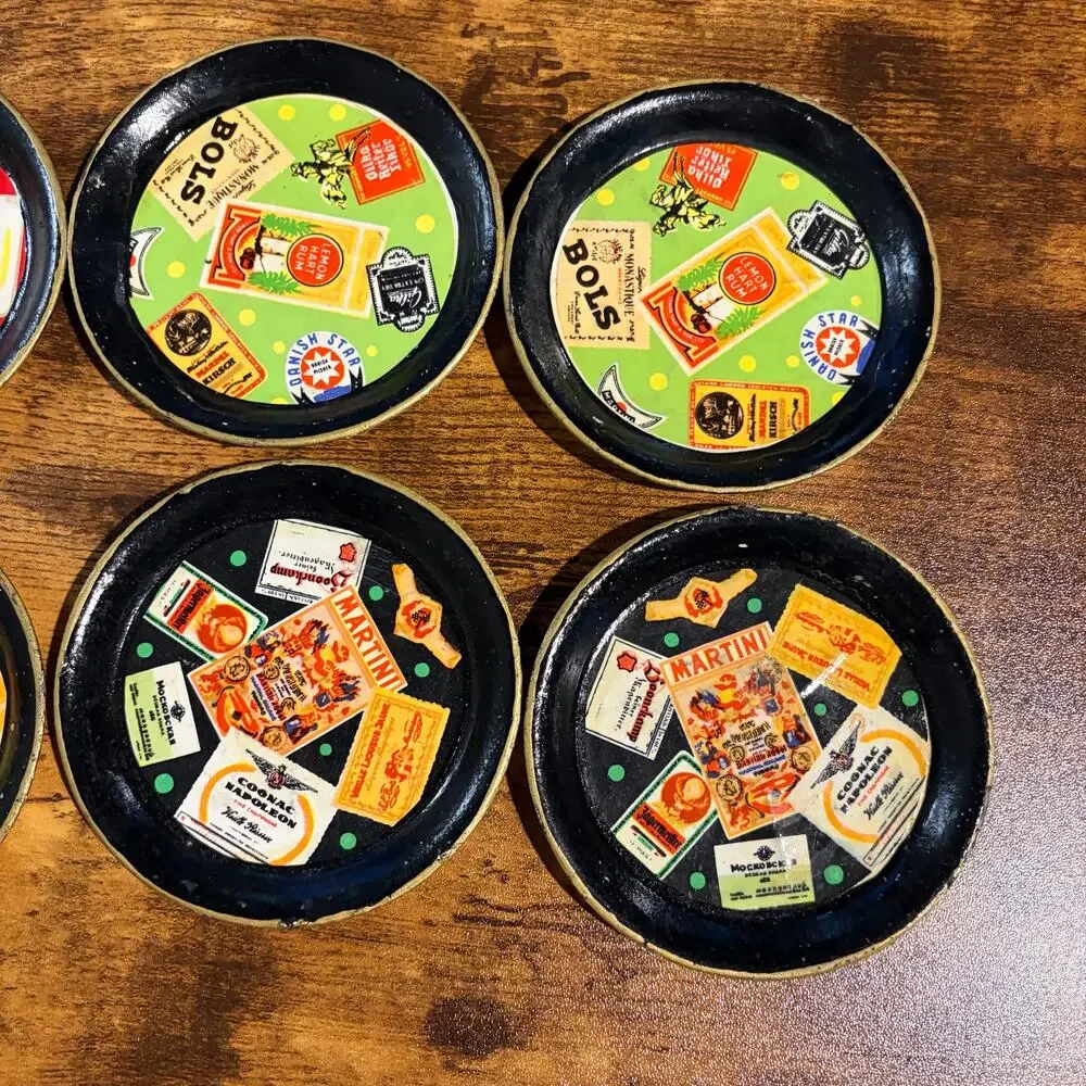 Vintage Henri Marie Cocktail Coaster Set of 8 Mid Century VAT69 Penrod Hennessy